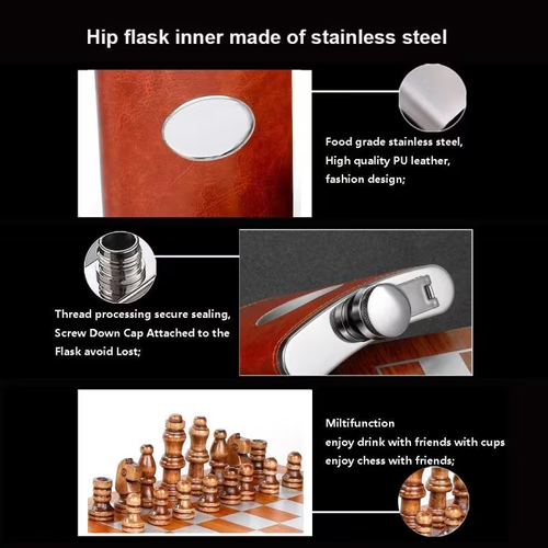 1 Set, 2-In-1 Chess And Flask Set, Portable Brown Leather Hip Flask with 4 Cups And Funnel, Metal, Travel-Friendly, Gift Box Packaging, Party Packs