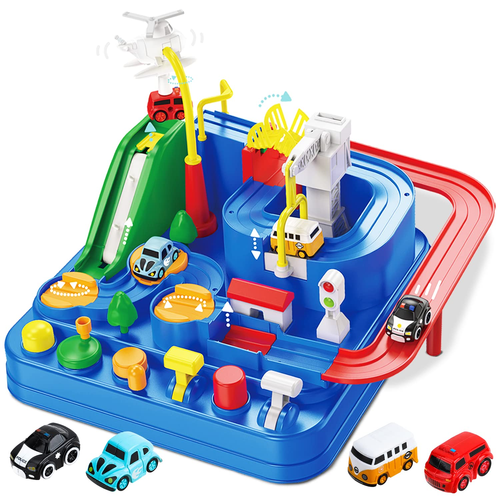Plastic Car Adventure Race Track Toy with Train Parking Lot Inertia Sliding Vehicle Set Educational Puzzle Game