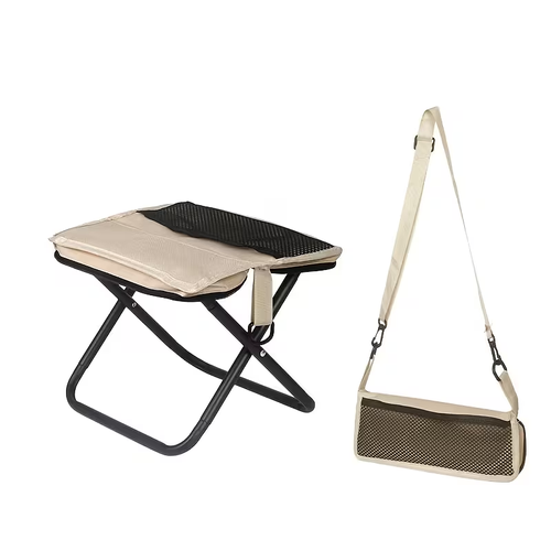 Portable Carbon Steel Foldable Stool with Bag – Outdoor Camping Chair with Crossbody Pocket and Seat Cushion