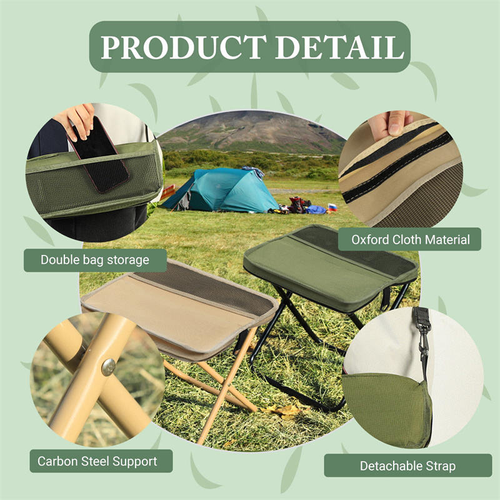 Portable Carbon Steel Foldable Stool with Bag – Outdoor Camping Chair with Crossbody Pocket and Seat Cushion