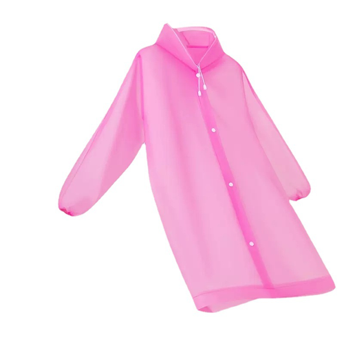 Set of 5 thickened EVA adult sized raincoats features transparent waterproof material and a hood available in white, pink, blue, yellow, and gray.