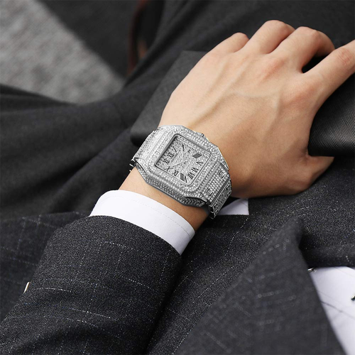 Men's Luxury Hip-Hop Style Square Watch – Iced-Out Diamond-Studded Design, Quartz Movement, Water-Resistant, Crystal Glass, Silver Finish with Roman Numerals.