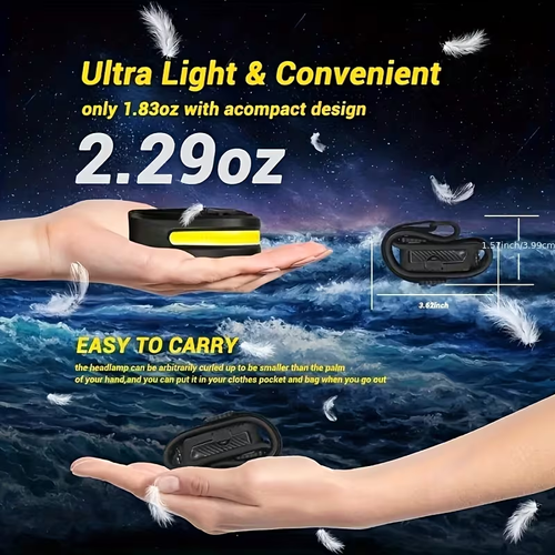 230° wide angle LED headlamp with motion-sensing function supports USB charging and features 5 lighting modes ideal for night work, outdoor fishing, and other activities.