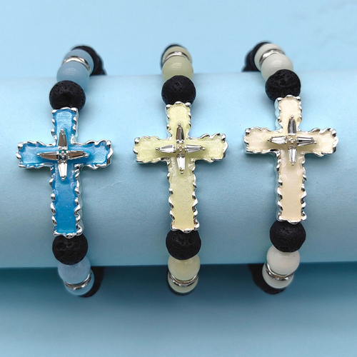3 bracelets Night Luminous Drip Oil Cross Beads Bracelet Black Volcanic Stone Lava Oil Diffuser Bracelets Women and Men
