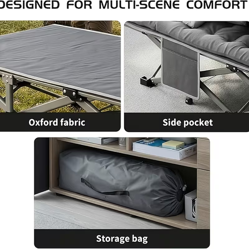 Portable, foldable camping cot for adults, made of double-layer Oxford fabric.