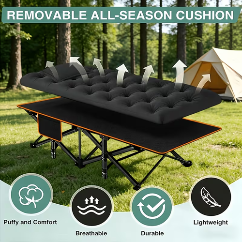 Portable, foldable camping cot for adults, made of double-layer Oxford fabric.