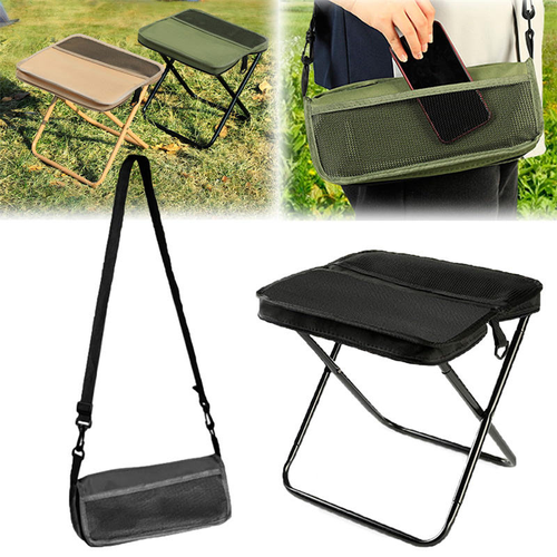 Portable Carbon Steel Foldable Stool with Bag – Outdoor Camping Chair with Crossbody Pocket and Seat Cushion