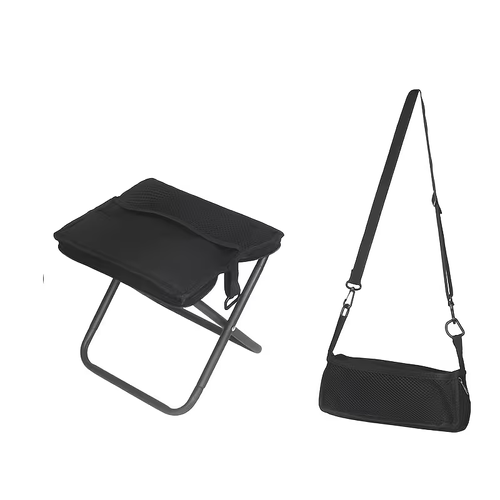 Portable Carbon Steel Foldable Stool with Bag – Outdoor Camping Chair with Crossbody Pocket and Seat Cushion