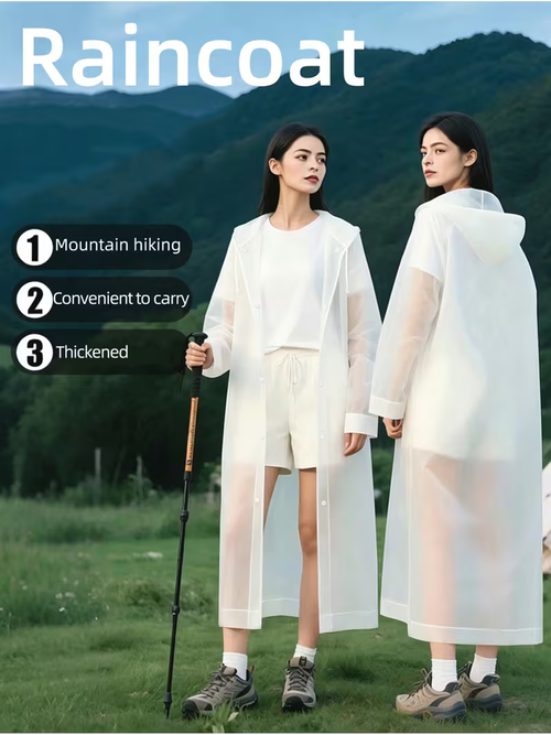 Set of 5 thickened EVA adult sized raincoats features transparent waterproof material and a hood available in white, pink, blue, yellow, and gray.