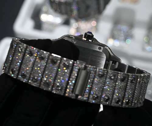 Men's Luxury Hip-Hop Style Square Watch – Iced-Out Diamond-Studded Design, Quartz Movement, Water-Resistant, Crystal Glass, Silver Finish with Roman Numerals.