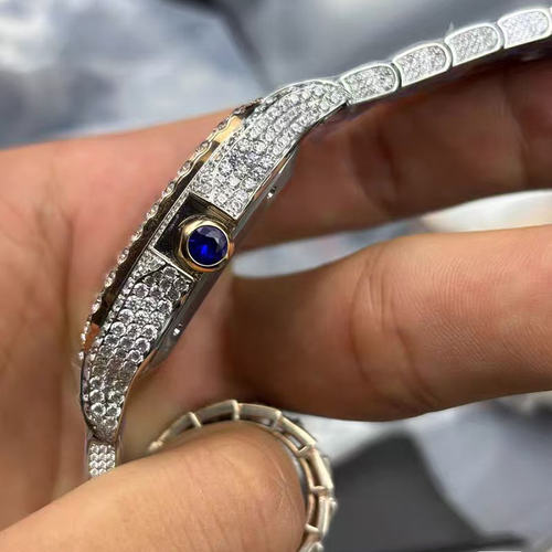 Men's Luxury Hip-Hop Style Square Watch – Iced-Out Diamond-Studded Design, Quartz Movement, Water-Resistant, Crystal Glass, Silver Finish with Roman Numerals.