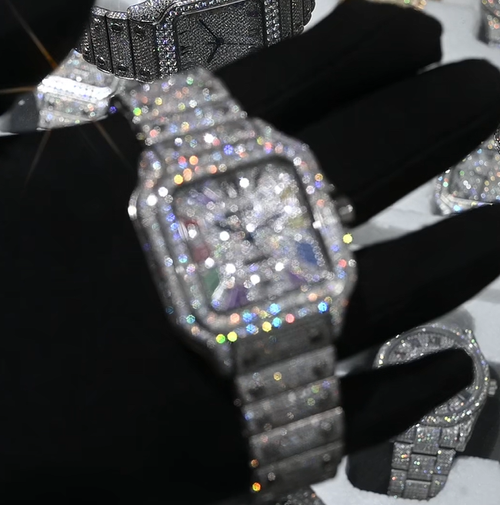 Men's Luxury Hip-Hop Style Square Watch – Iced-Out Diamond-Studded Design, Quartz Movement, Water-Resistant, Crystal Glass, Silver Finish with Roman Numerals.