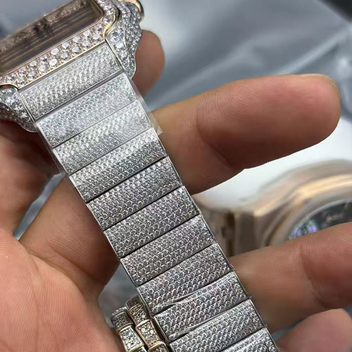 Men's Luxury Hip-Hop Style Square Watch – Iced-Out Diamond-Studded Design, Quartz Movement, Water-Resistant, Crystal Glass, Silver Finish with Roman Numerals.