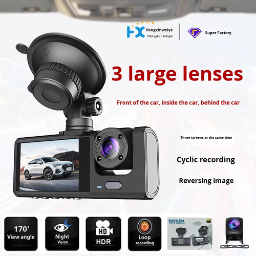 3-Camera Dash Cam with 120 Angle Reversing Motion Detection & Loop Recording for Front Windshield Installation