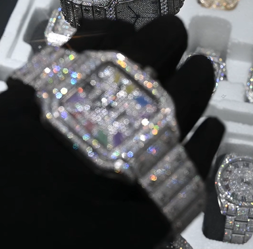 Men's Luxury Hip-Hop Style Square Watch – Iced-Out Diamond-Studded Design, Quartz Movement, Water-Resistant, Crystal Glass, Silver Finish with Roman Numerals.