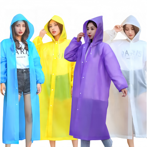 Set of 5 thickened EVA adult sized raincoats features transparent waterproof material and a hood available in white, pink, blue, yellow, and gray.