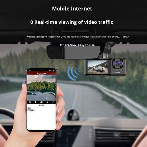 3-Camera Dash Cam with 120 Angle Reversing Motion Detection & Loop Recording for Front Windshield Installation