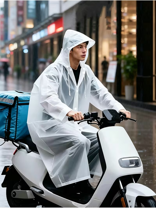 Set of 5 thickened EVA adult sized raincoats features transparent waterproof material and a hood available in white, pink, blue, yellow, and gray.