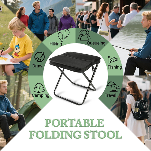 Portable Carbon Steel Foldable Stool with Bag – Outdoor Camping Chair with Crossbody Pocket and Seat Cushion