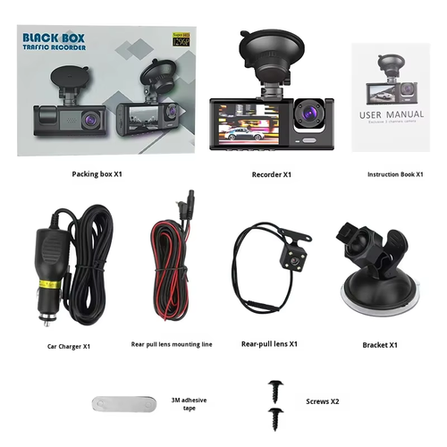 3-Camera Dash Cam with 120 Angle Reversing Motion Detection & Loop Recording for Front Windshield Installation