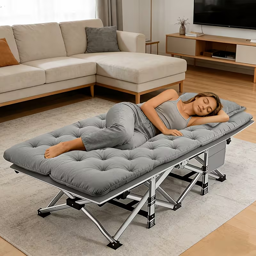 Portable, foldable camping cot for adults, made of double-layer Oxford fabric.