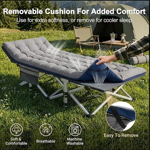 Portable, foldable camping cot for adults, made of double-layer Oxford fabric.