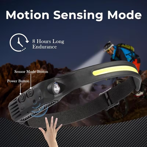 230° wide angle LED headlamp with motion-sensing function supports USB charging and features 5 lighting modes ideal for night work, outdoor fishing, and other activities.