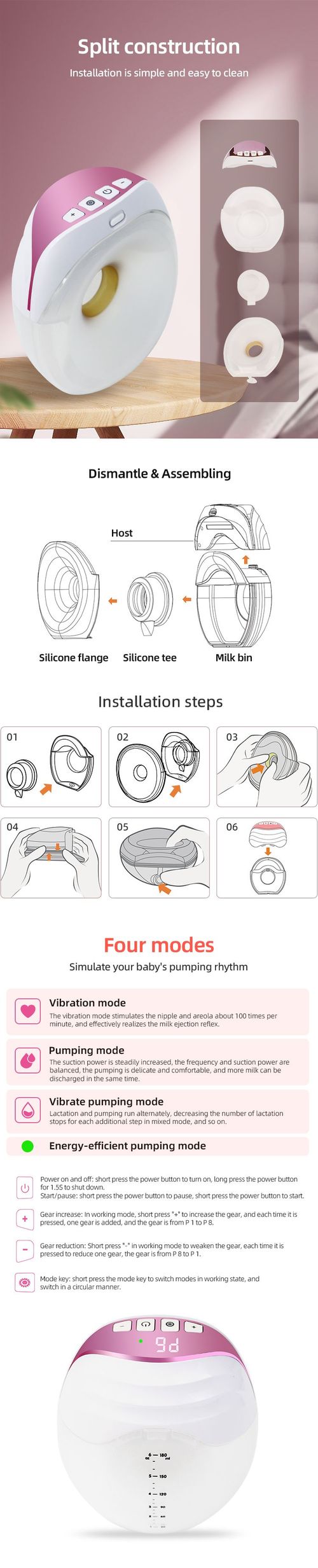 4-mode 9-level hands-free strong suction portable wearable breast pump