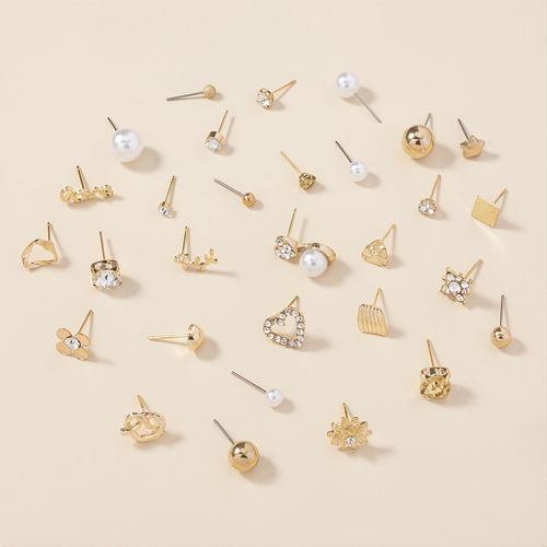 1 set of 30 pairs of fashionable alloy heart-shaped imitation pearl letter earrings set