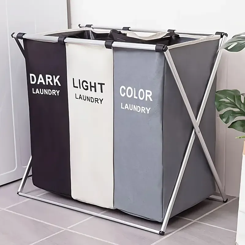 3-section laundry basket printed with dark and light colors, foldable laundry basket sorter with waterproof oxford bag and aluminum frame, suitable for washing clothes storage in home and dormitory