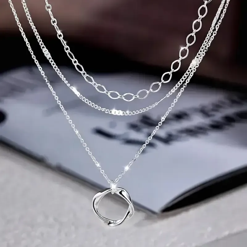 925 Sterling Silver Layered Necklace - Fashionable Round Pendant Design, Perfect for Party, Holiday and Gift Giving