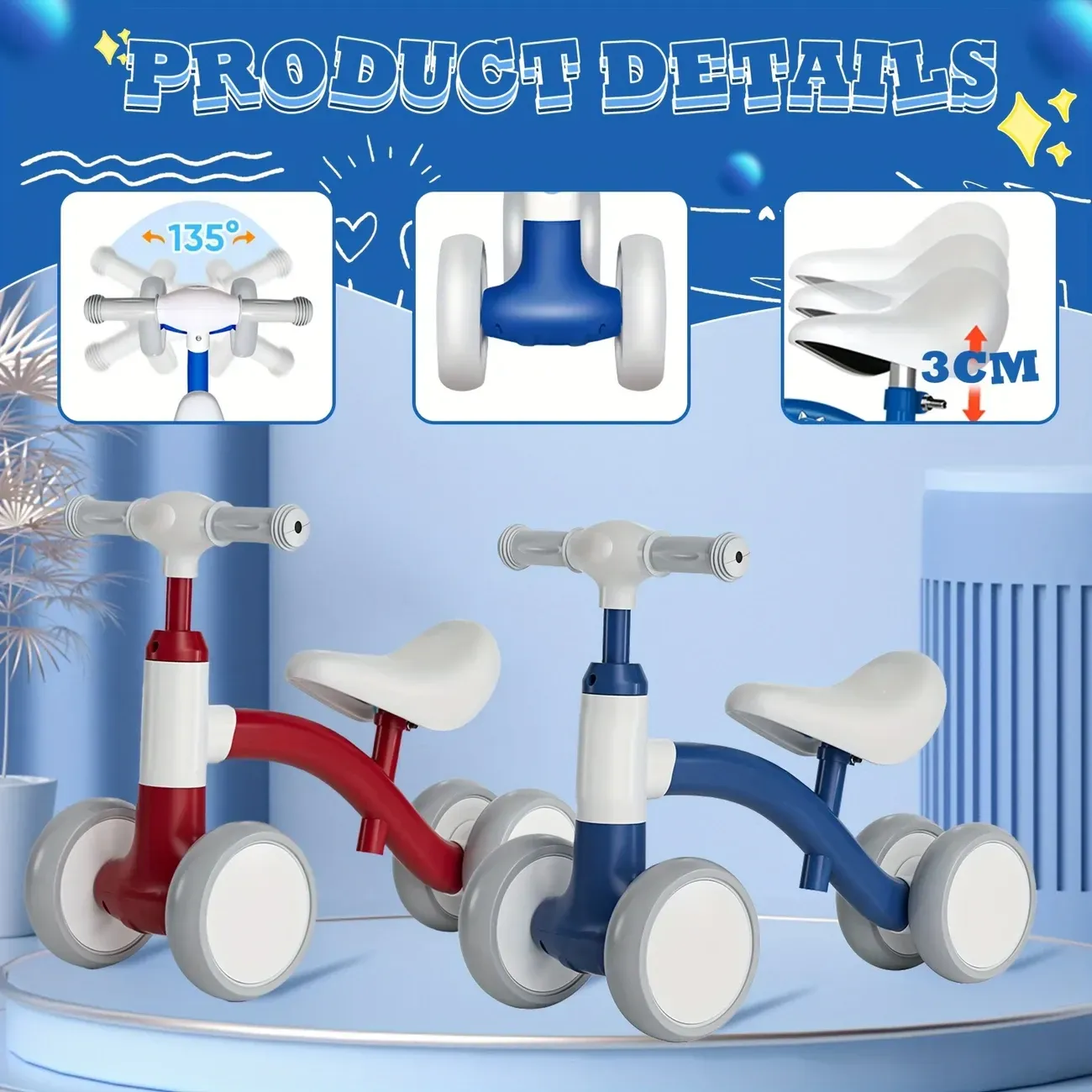 Balance bike for one year olds - no pedals kids bike with 4 wheels, adjustable seat and handlebars