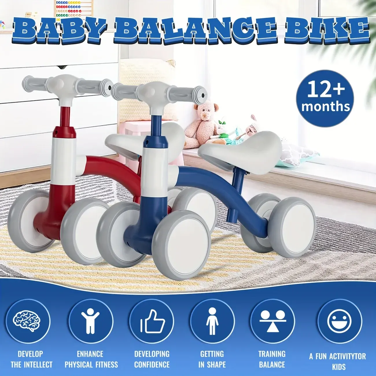 Balance bike for one year olds - no pedals kids bike with 4 wheels, adjustable seat and handlebars