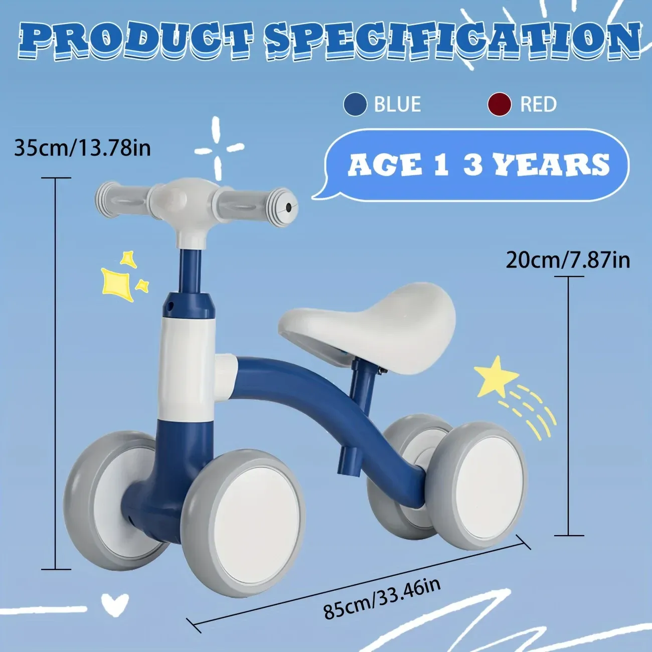 Balance bike for one year olds - no pedals kids bike with 4 wheels, adjustable seat and handlebars