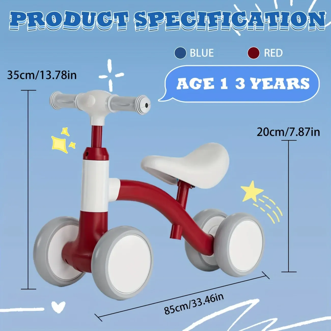 Balance bike for one year olds - no pedals kids bike with 4 wheels, adjustable seat and handlebars