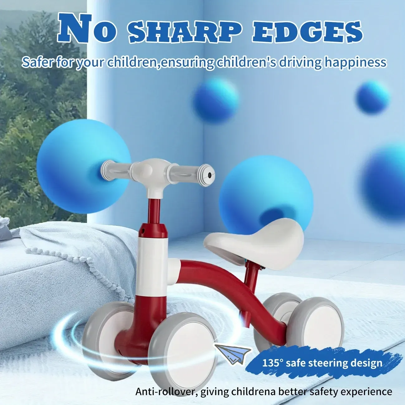 Balance bike for one year olds - no pedals kids bike with 4 wheels, adjustable seat and handlebars