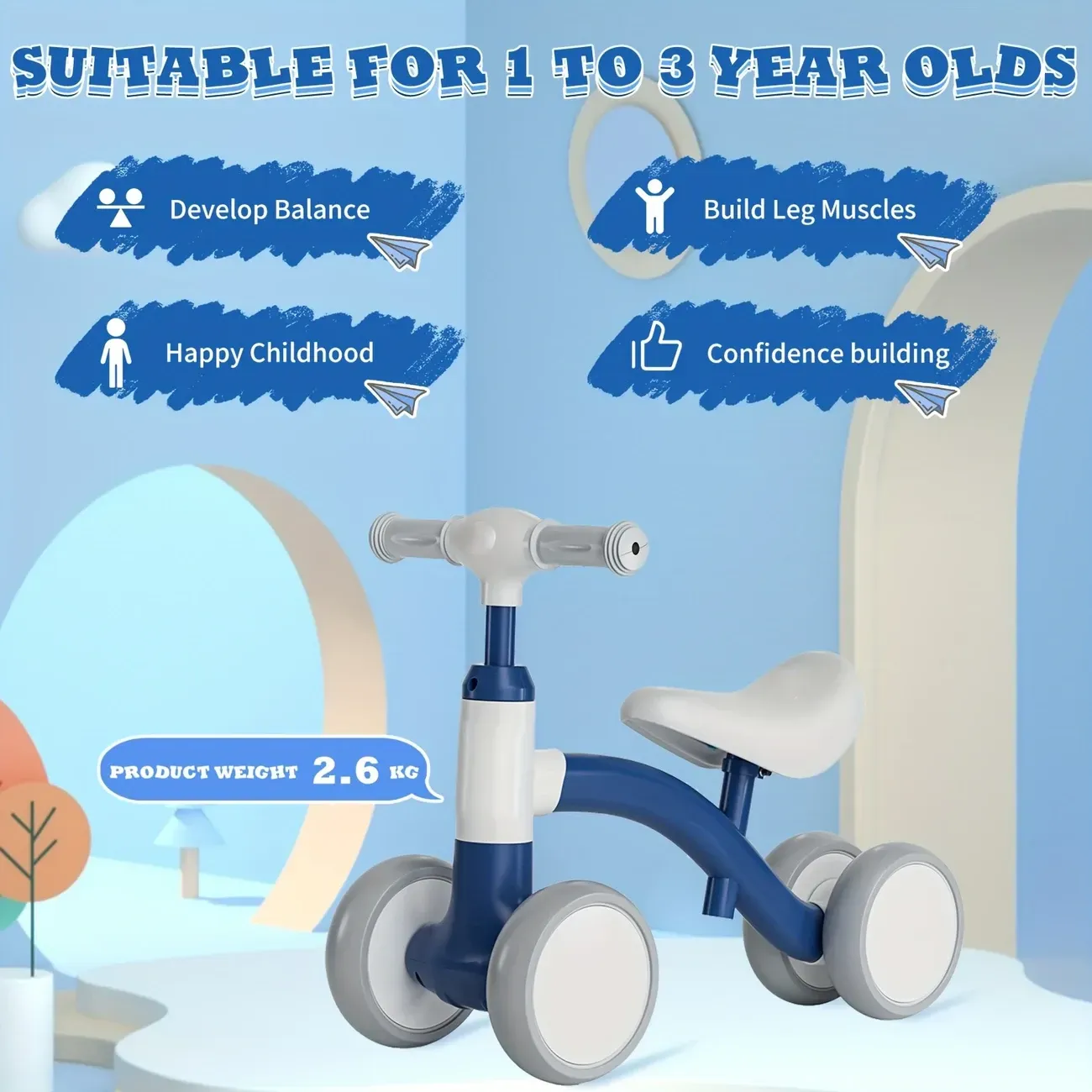 Balance bike for one year olds - no pedals kids bike with 4 wheels, adjustable seat and handlebars