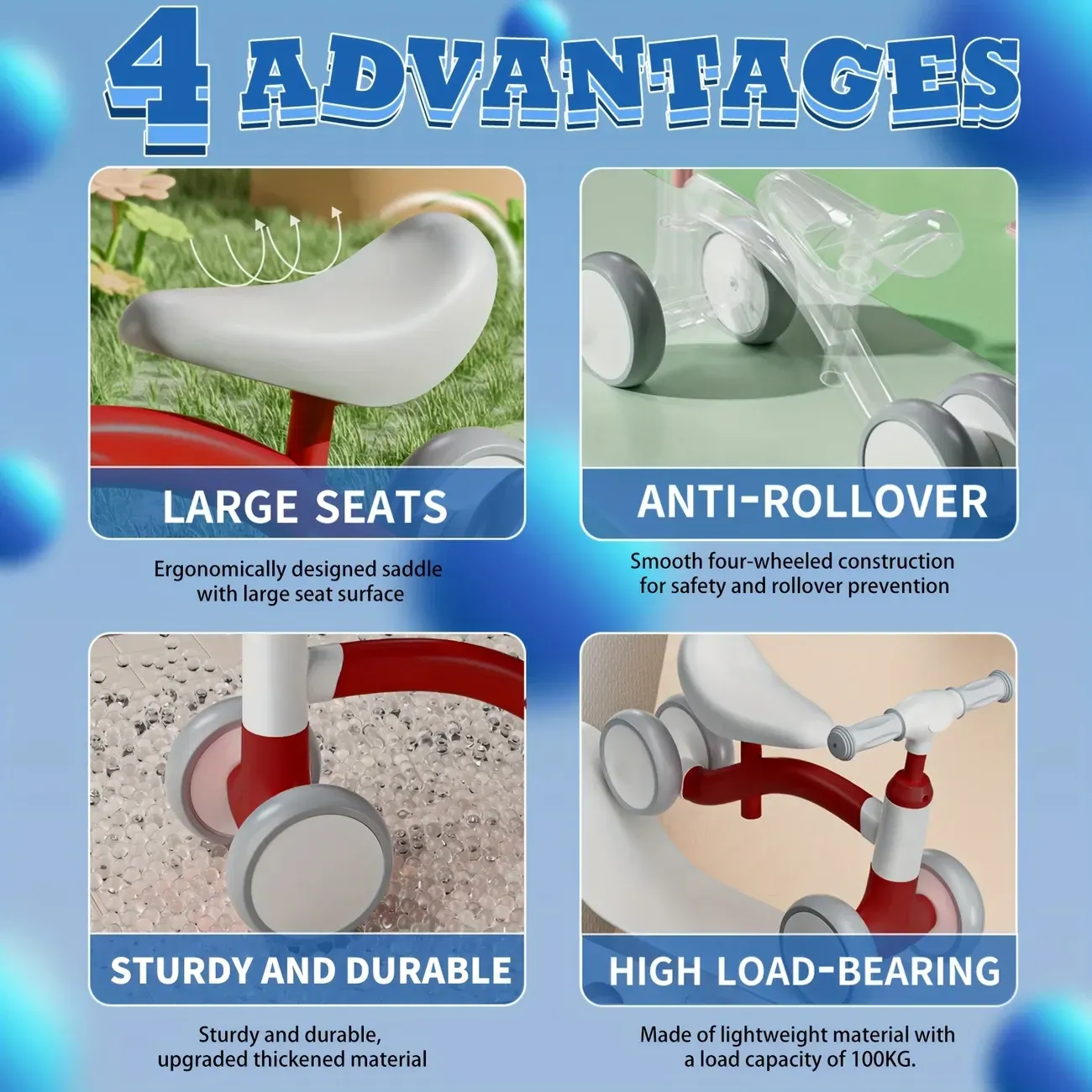 Balance bike for one year olds - no pedals kids bike with 4 wheels, adjustable seat and handlebars