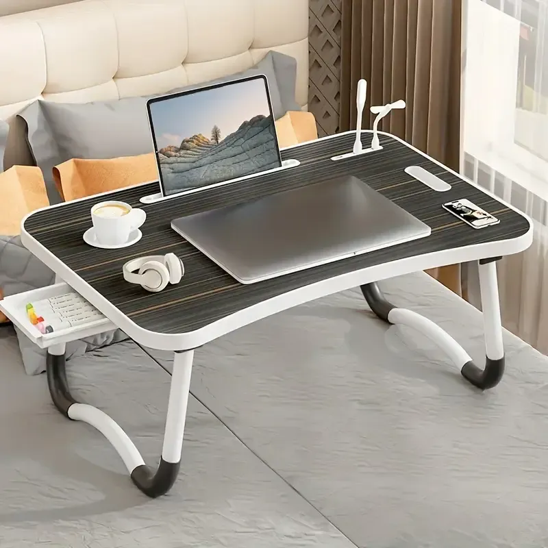 Extra Large Portable Laptop Bed Desk - Multi-Function Tray Holder with Cup Holder and Drawer, USB, Fan and Light
