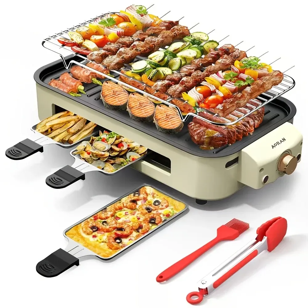 Complete set of electric grill pan with hand plate grill, 2 in 1 indoor electric grill, adjustable temperature, 1500W smokeless grill