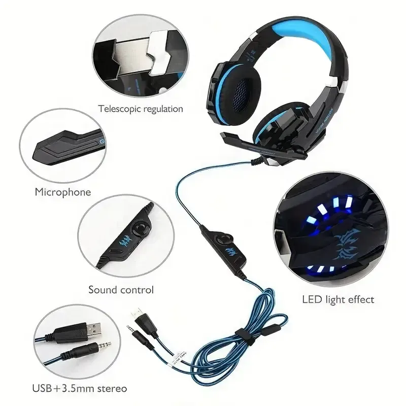 G9000 Over-ear gaming headset with noise cancelling mic, LED light and soft memory foam ear cups Surround sound