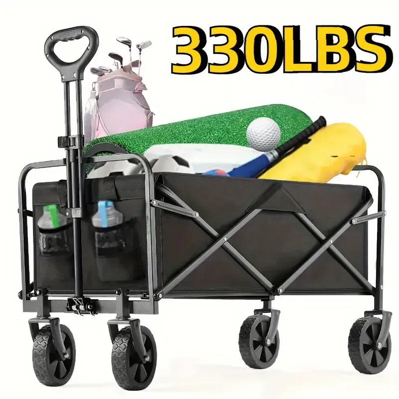 Folding Trolley, Heavy Duty Portable Outdoor Beach Cart with 360° All-terrain Wheels, Side Bags and Large Capacity