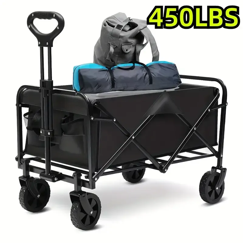 Folding Trolley, Heavy Duty Portable Outdoor Beach Cart with 360° All-terrain Wheels, Side Bags and Large Capacity