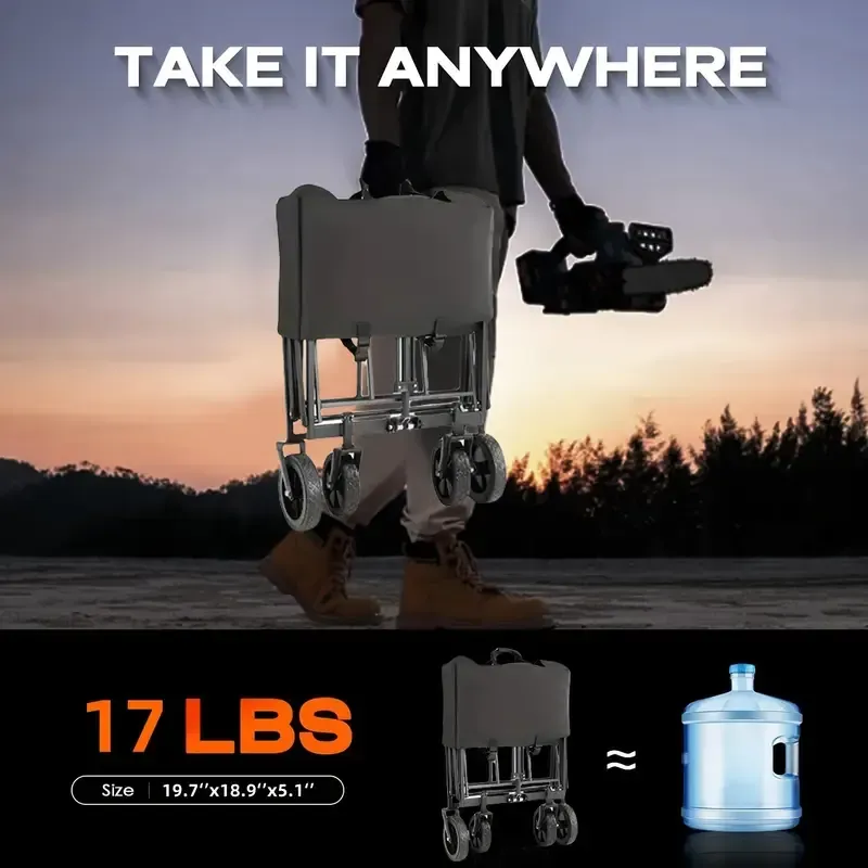 Folding Trolley, Heavy Duty Portable Outdoor Beach Cart with 360° All-terrain Wheels, Side Bags and Large Capacity