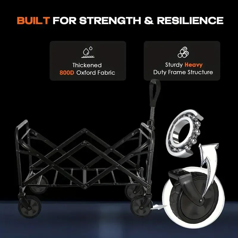 Folding Trolley, Heavy Duty Portable Outdoor Beach Cart with 360° All-terrain Wheels, Side Bags and Large Capacity
