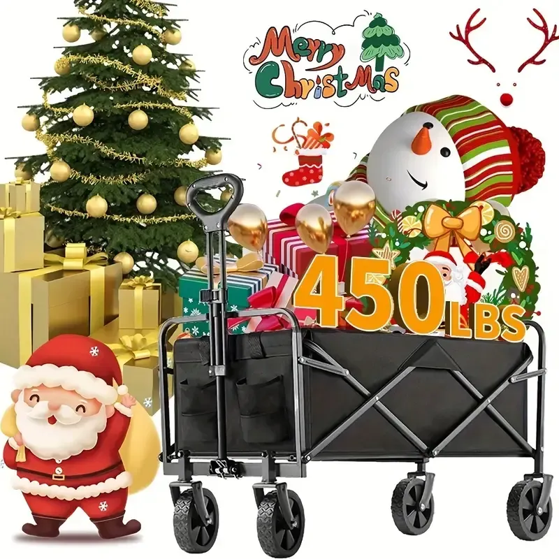Folding Trolley, Heavy Duty Portable Outdoor Beach Cart with 360° All-terrain Wheels, Side Bags and Large Capacity