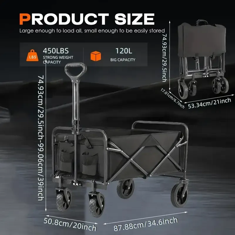 Folding Trolley, Heavy Duty Portable Outdoor Beach Cart with 360° All-terrain Wheels, Side Bags and Large Capacity