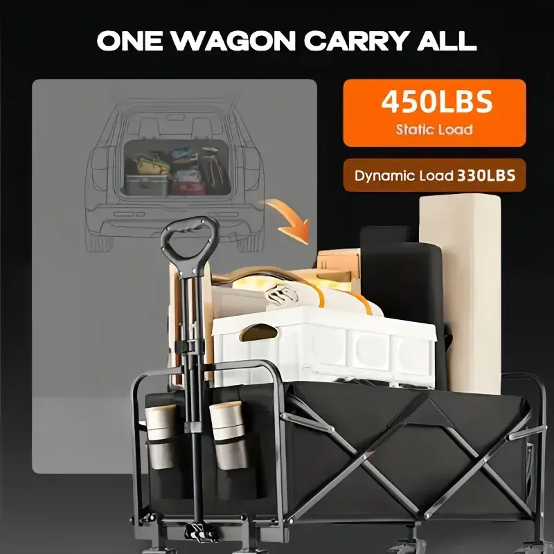 Folding Trolley, Heavy Duty Portable Outdoor Beach Cart with 360° All-terrain Wheels, Side Bags and Large Capacity