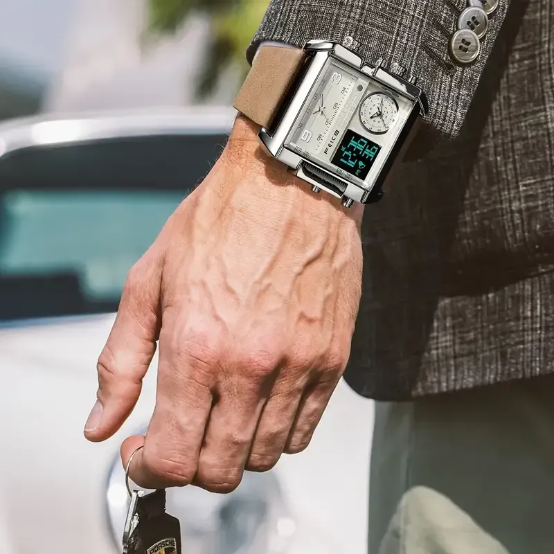 FEICE Fashion Business Men's Watch Digital LED Analog Quartz Watch 50mm Large Dial Square Men's Watch Multifunctional Sports Men's Watch Luminous Alarm Clock Timer 24H Calendar Cowhide Strap Men's Gift FK030