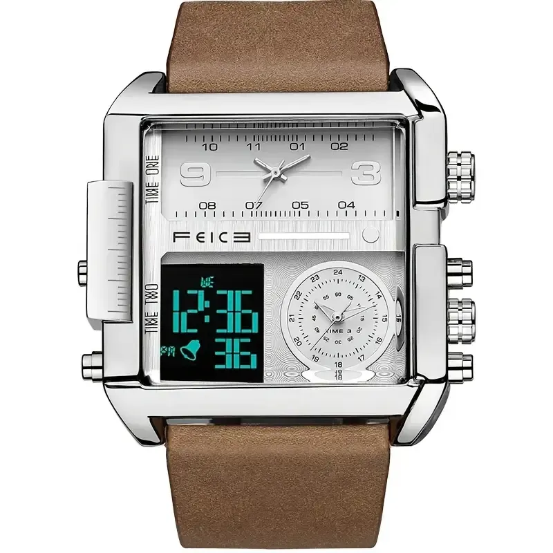 FEICE Fashion Business Men's Watch Digital LED Analog Quartz Watch 50mm Large Dial Square Men's Watch Multifunctional Sports Men's Watch Luminous Alarm Clock Timer 24H Calendar Cowhide Strap Men's Gift FK030